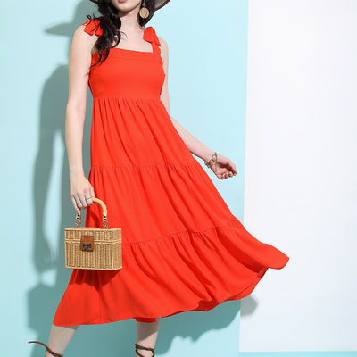 Shoulder Strap Gathered Tiered Fit & Flare Midi Dress | Red - S