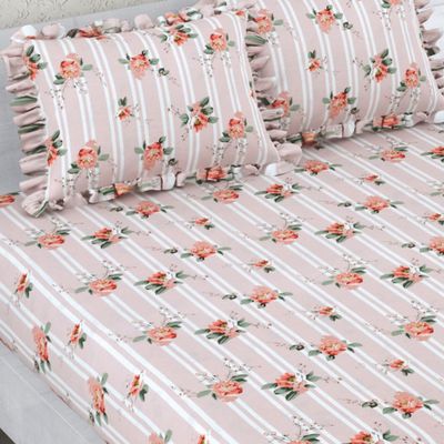Elastic Fitted Double Bedsheet | 2 Frill Pillow Covers | Polycotton | Light Pink