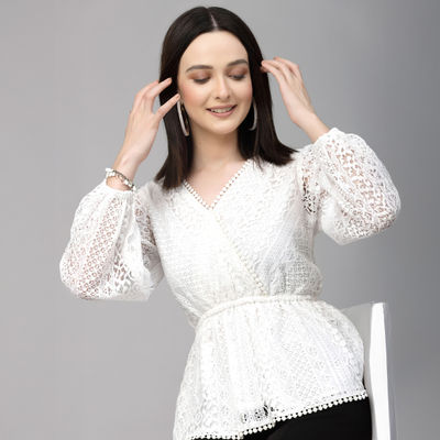 Women White Self Design Lace Regular Casual Peplum Top | L | SS23SQLACEY - White