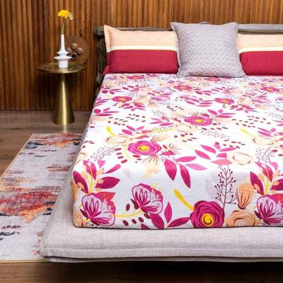 Double 100% Cotton 144 TC Floral Bedsheet, 2 Pillow Covers | Earth Pink | 100 x 90 in