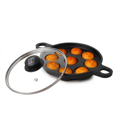 Super Smooth Cast Iron Paniyaram Pan with Glass Lid | 9 Pit, 20.8cm/8.2inch, 2.7kg