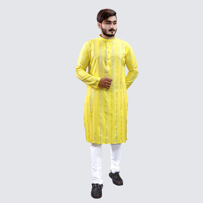 Men Kurta - Yellow | Solid | Thin Striped | Cotton Blend | L