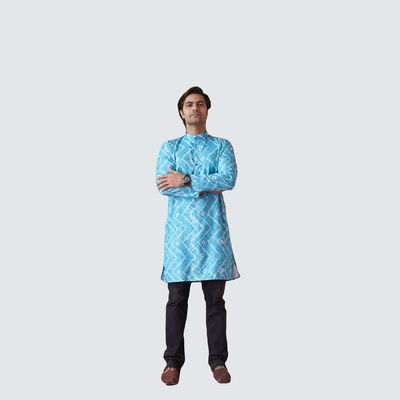 Men's Printed Cotton Blend Tie & Die Look Long Kurta | Blue - XL