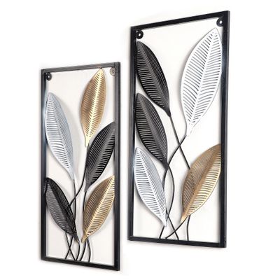 Amaya Decors Rectangular Black, Gold, Silver Leaves Wall Decor Set Of 2