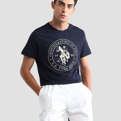 USPA Men's Printed Lounge Round Neck T Shirt - Regular Fit - Navy Blue - M