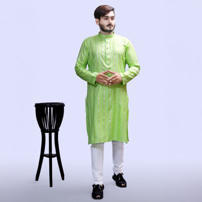 Men Kurta - Green | Solid | Thin Striped | Cotton Blend | L