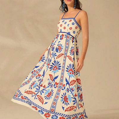Women Fit And Flare Maxi Full Length Dress | 12263 | Cream And Blue - M