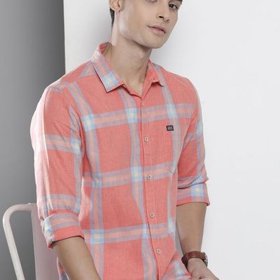 Men's Regular Fit Checked Casual Shirt | Coral - S