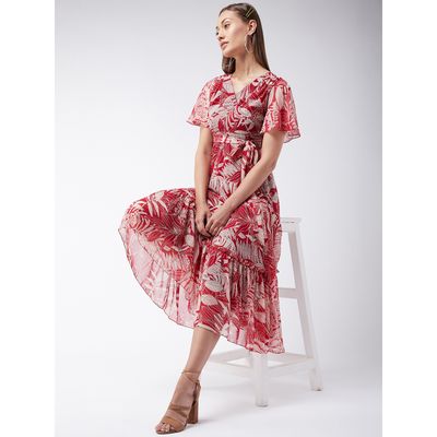 Women Multicolored-Base-V Neck Flared Sleeve Floral Wrap Maxi Dress | Maroon | M