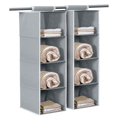 Pack of 2 Non Woven Fabric Foldable Hanging 4 Shelves Wardrobe Organizer (Grey)