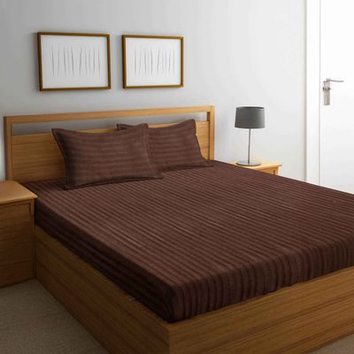 King Size Satin Cotton 300 Tc Striped Bedsheet | Brown | 109 x 109 in