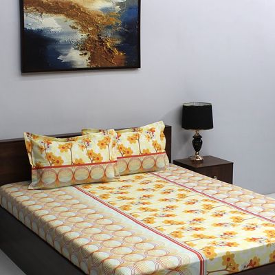 Ivyrose 110 Tc 100% Cotton Queen Bedsheet With 2 Pillow Covers - Yellow White