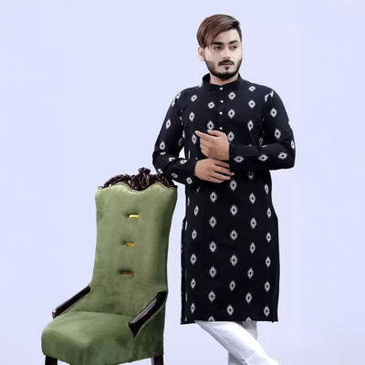 Men Straight Kurta - Black | Printed | Cotton Blend | L