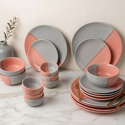 DT Grey Pink Dinner Set | 6 Plates 6 Small Plates 6 Bowls 3 Snack Bowls