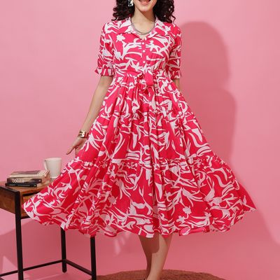 Women's Abstract Printed Calf Length Shirt Style Dress | 11954 | Pink & White -L
