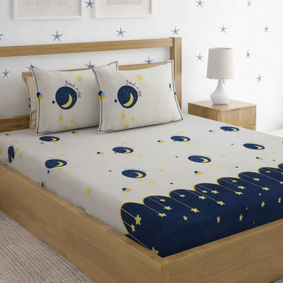 Double Glaced Cotton 220 GSM Moon & Stars Bedsheet, 2 Pillow Covers | Blue | 90 x 100in
