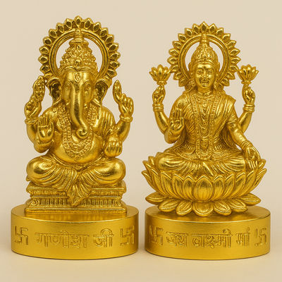Lord Lakshmi & Ganesha Idol | 2.5 In | Zinc Metal | Gold Coating | Cycle
