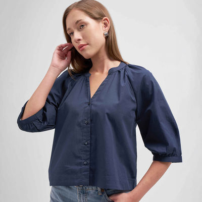 Women Manderin Collar 3/4Th Sleeve V Neck Front Placket Blouse | NAVY | L
