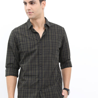 Men's Slim Fit Checked Casual Shirt - Olive and Black | M