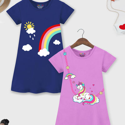 Girls' Topwear Printed Dress | TRM-DRS-233 | Purple, Blue | 3-4 Years