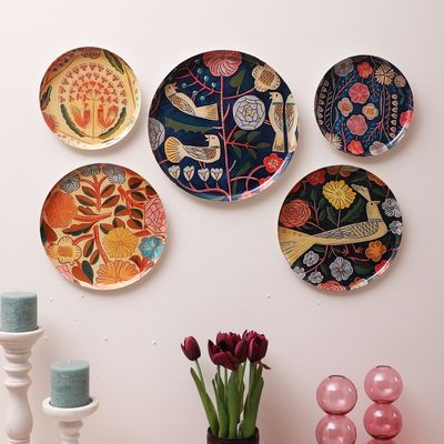 Amaya Decors Bird Metal & Meena Wall Plates Set Of 5 - Assorted
