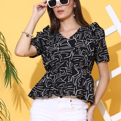 Sheetal Women's Printed Puff Sleeve Peplum Crepe Top | 5211 | Black - XL