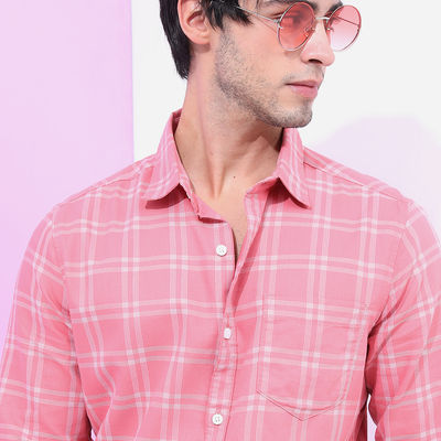 Men Checked Slim Fit Casual Shirt | Peach - L