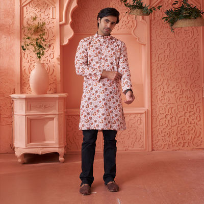 Men's Printed Cotton Blend Long Kurta | Cream - M