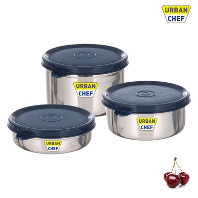 Urban Chef Essential 3 Stainless Steel Containers | 290 |450 |600 Ml Leak Proof | Blue