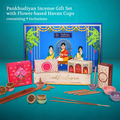 Premium Incense Gift Set For Navratri, Diwali Pooja | Incense, Hawan Cups, Diyas | Pack Of 9 | Pankhudiyan