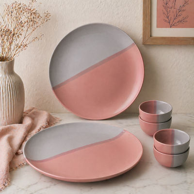 DT Grey Pink Dinner Set, 2 Full Plates 4 Vegetable Bowls