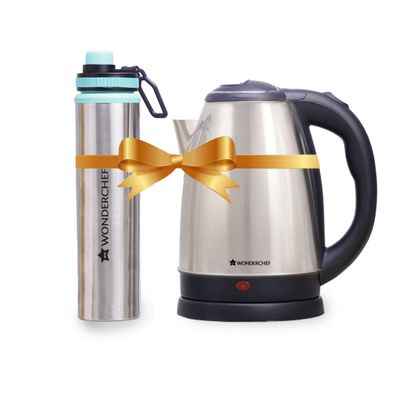 Wonderchef Crescent Electric Kettle 1.8 L & Sippy Stainless Steel Bottle 750 ml, Silver