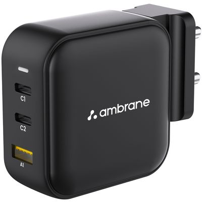 Ambrane 65W Charger Adapter, 3 Ports - 2 Type C & 1 Usb (Raap G65, Black)