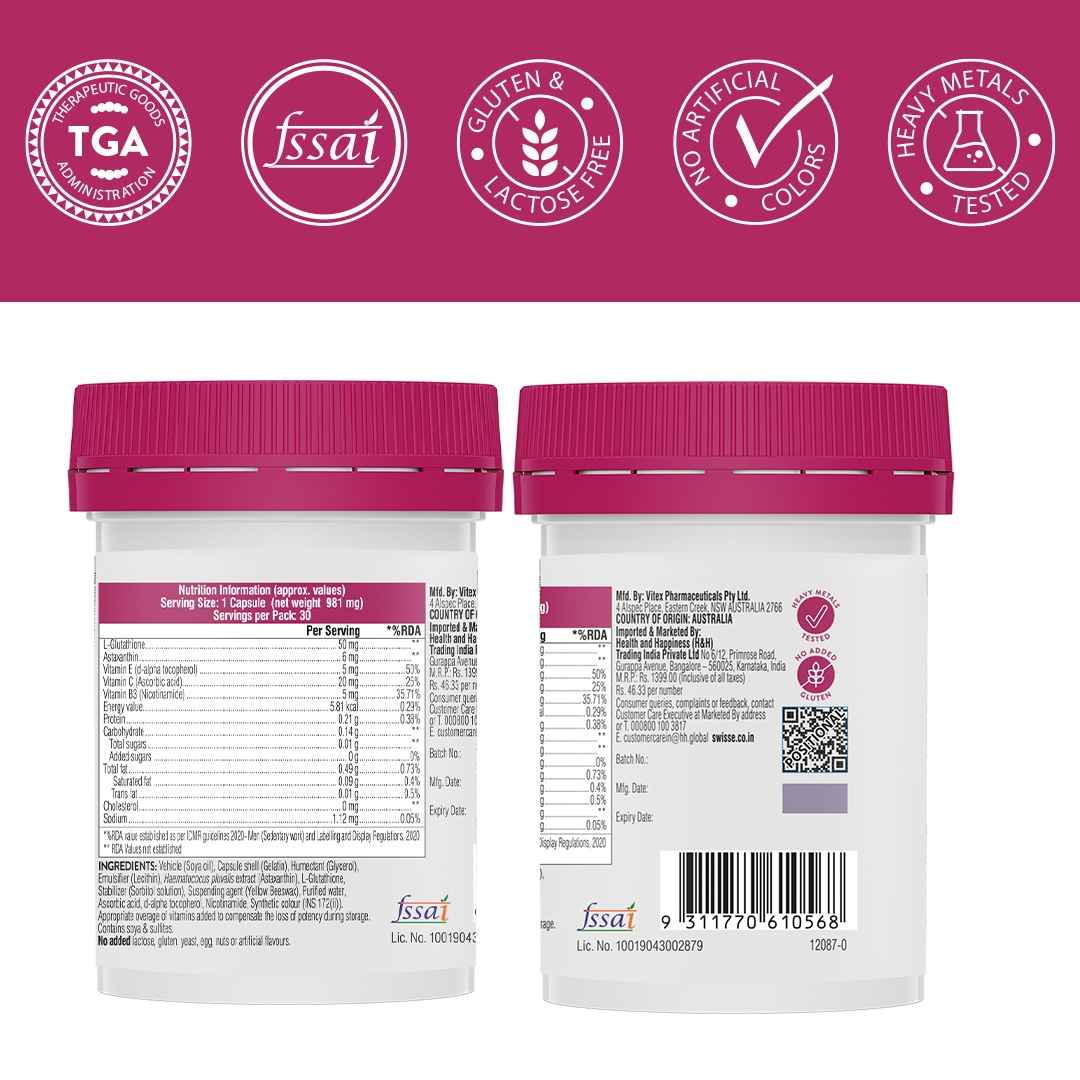 Swisse Glutathione Tablets With Astaxanthin, Vitamin Nicotinamide For Healthy Skin (30 Capsules) - Buy at ₹1143 Online | Instant Delivery