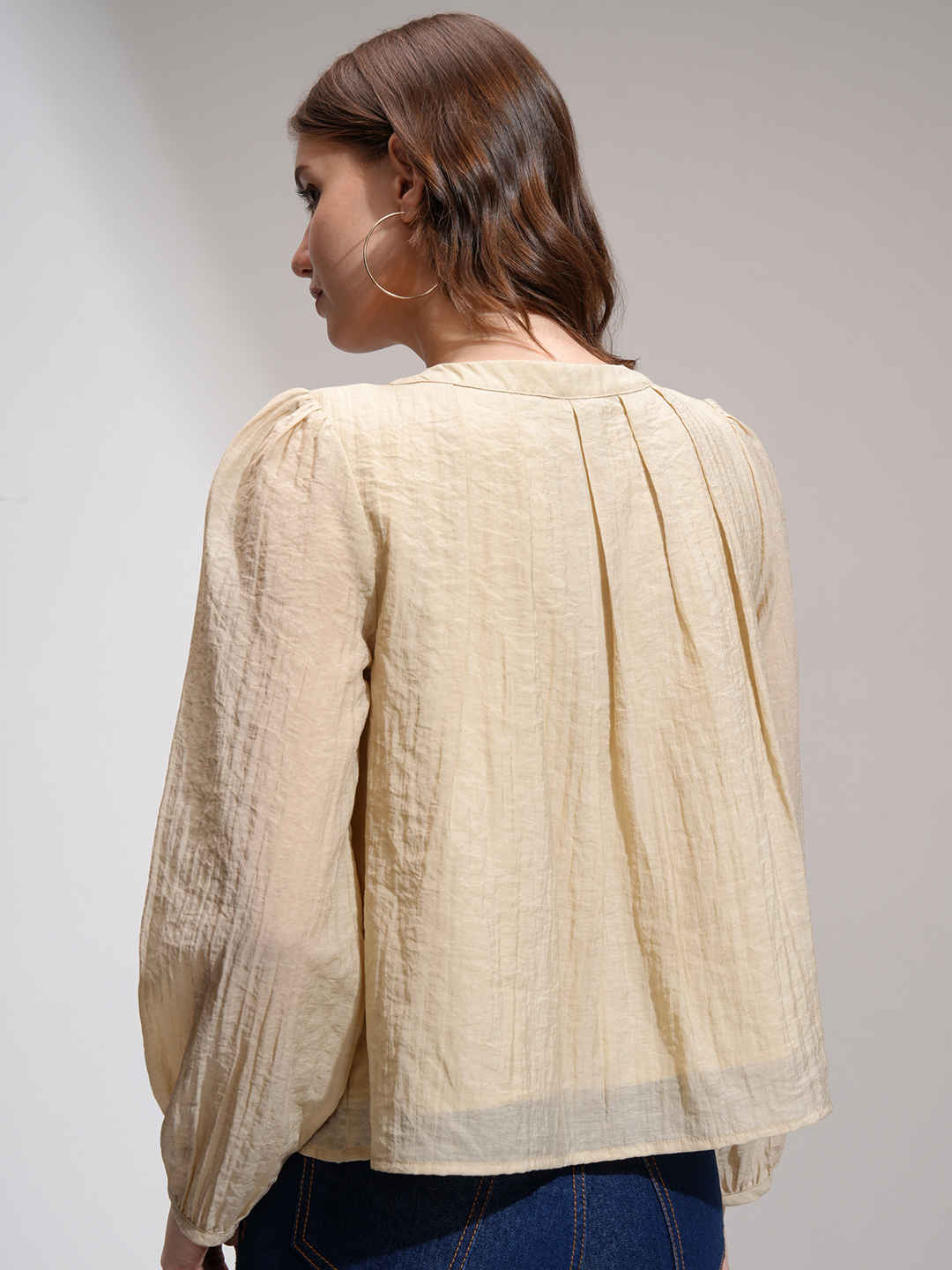Tokyo Talkies Women's Solid Bishop Sleeve Pleated Top - Buy at