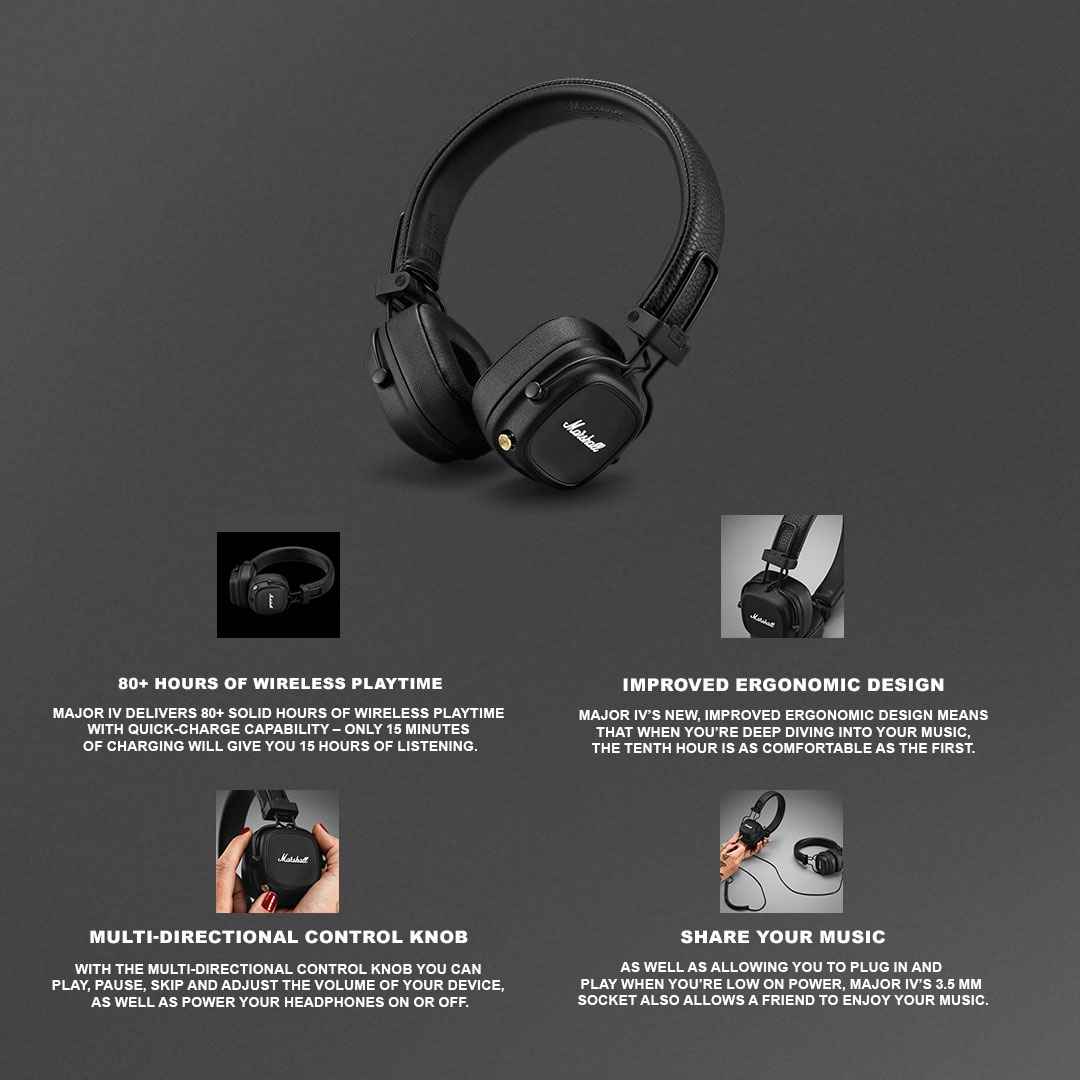 Marshall Major IV Wireless Bluetooth On Ear Headphone With Mic