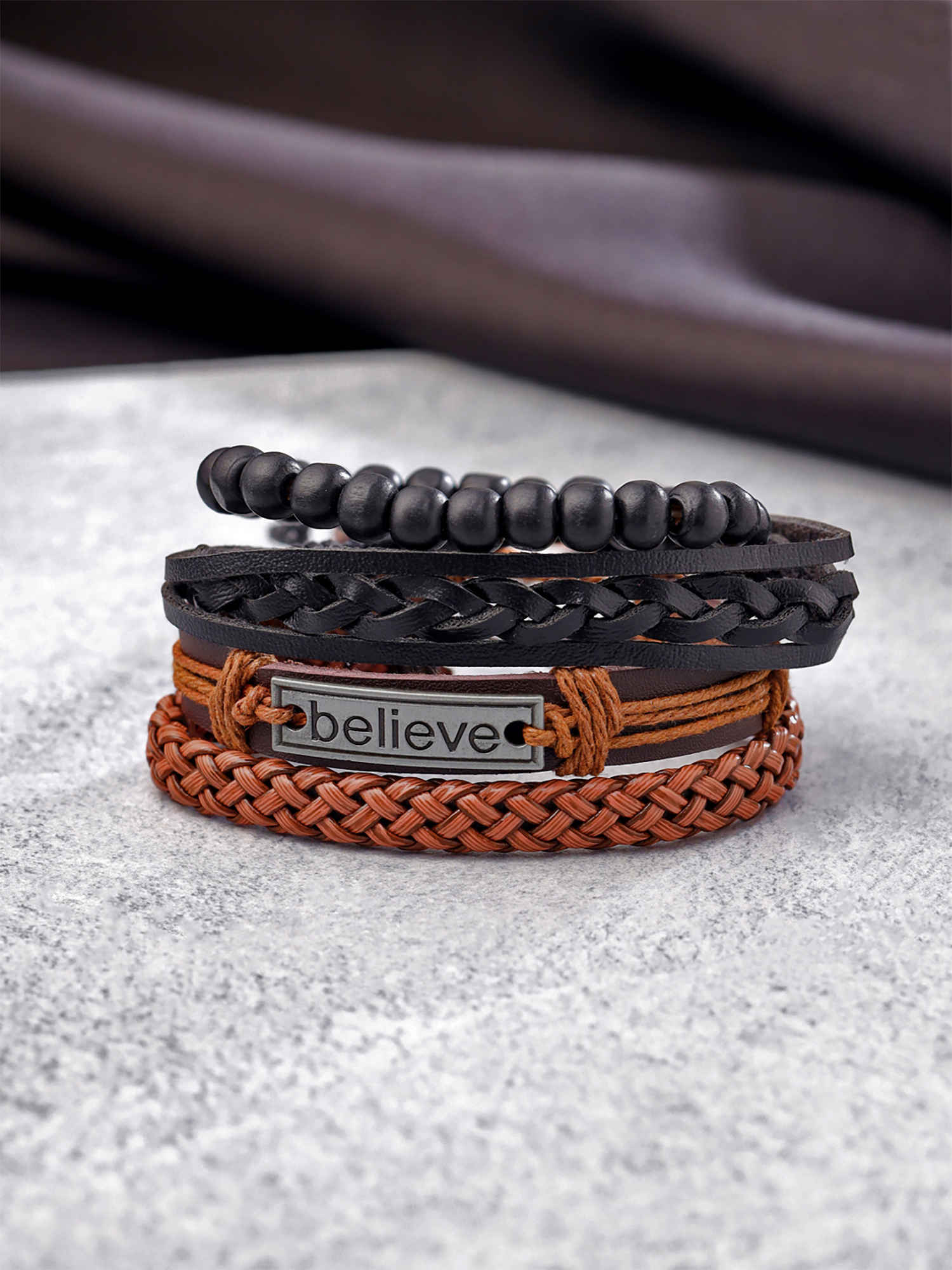 Yellow Chimes Unisex Set Of 4 Brown & Black Multistrand Bracelet