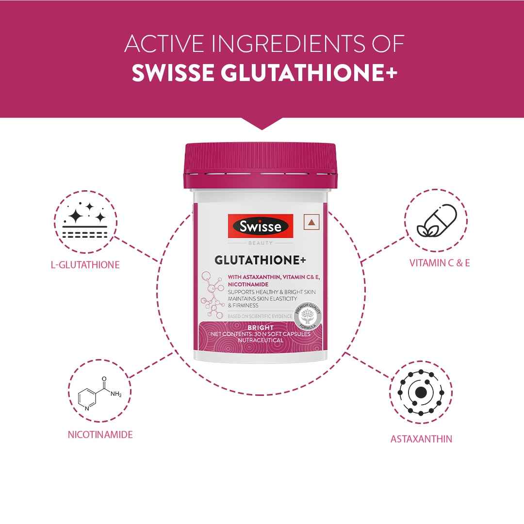 Swisse Glutathione Tablets With Astaxanthin, Vitamin Nicotinamide For Healthy Skin (30 Capsules) - Buy at ₹1143 Online | Instant Delivery