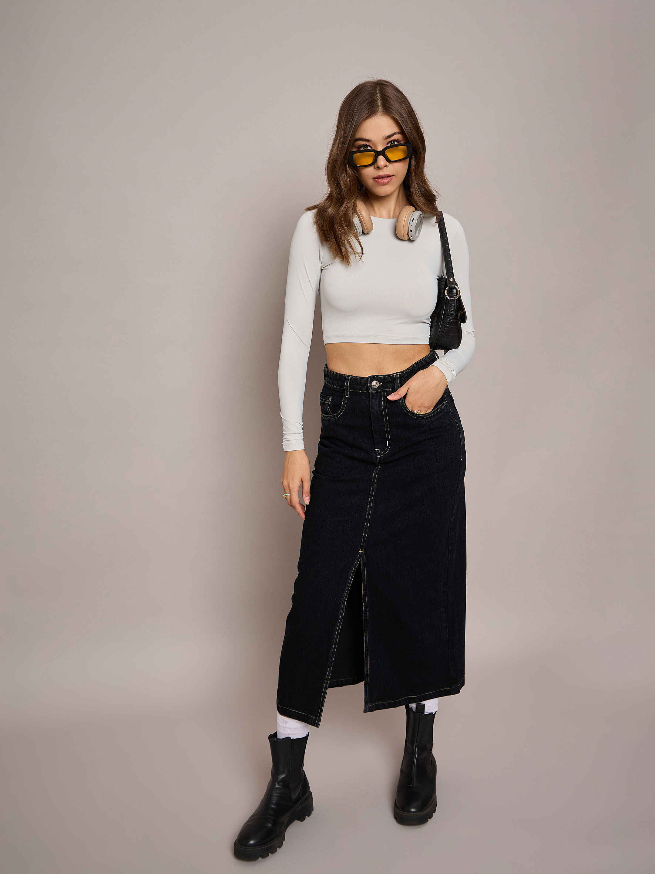 SASSAFRAS Women's Basics Denim Front Slit Midi Skirt - Buy at