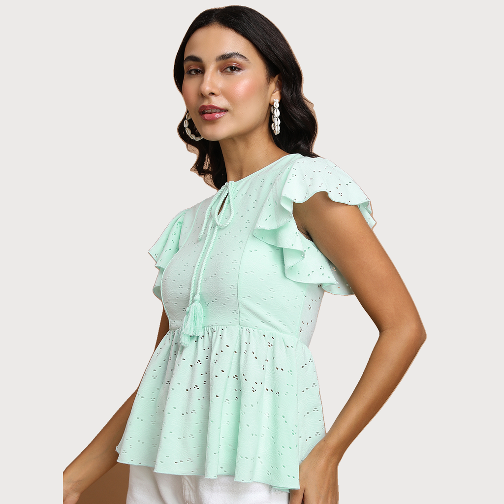 Tokyo Talkies Women's Schiffli Peplum Top with Tie-Up Neck and