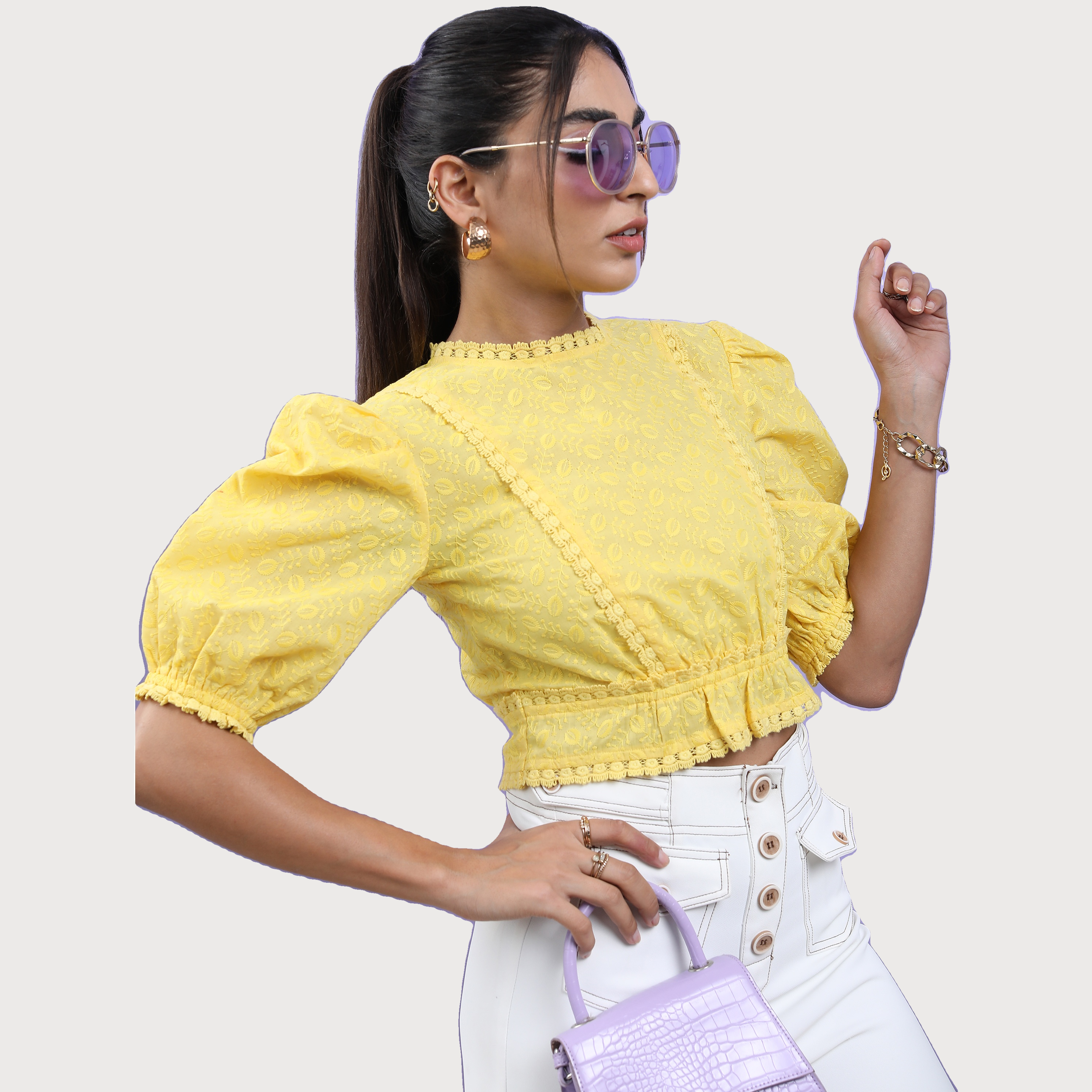 Tokyo Talkies Women's Floral Embroidered Puff Sleeves Crop Top