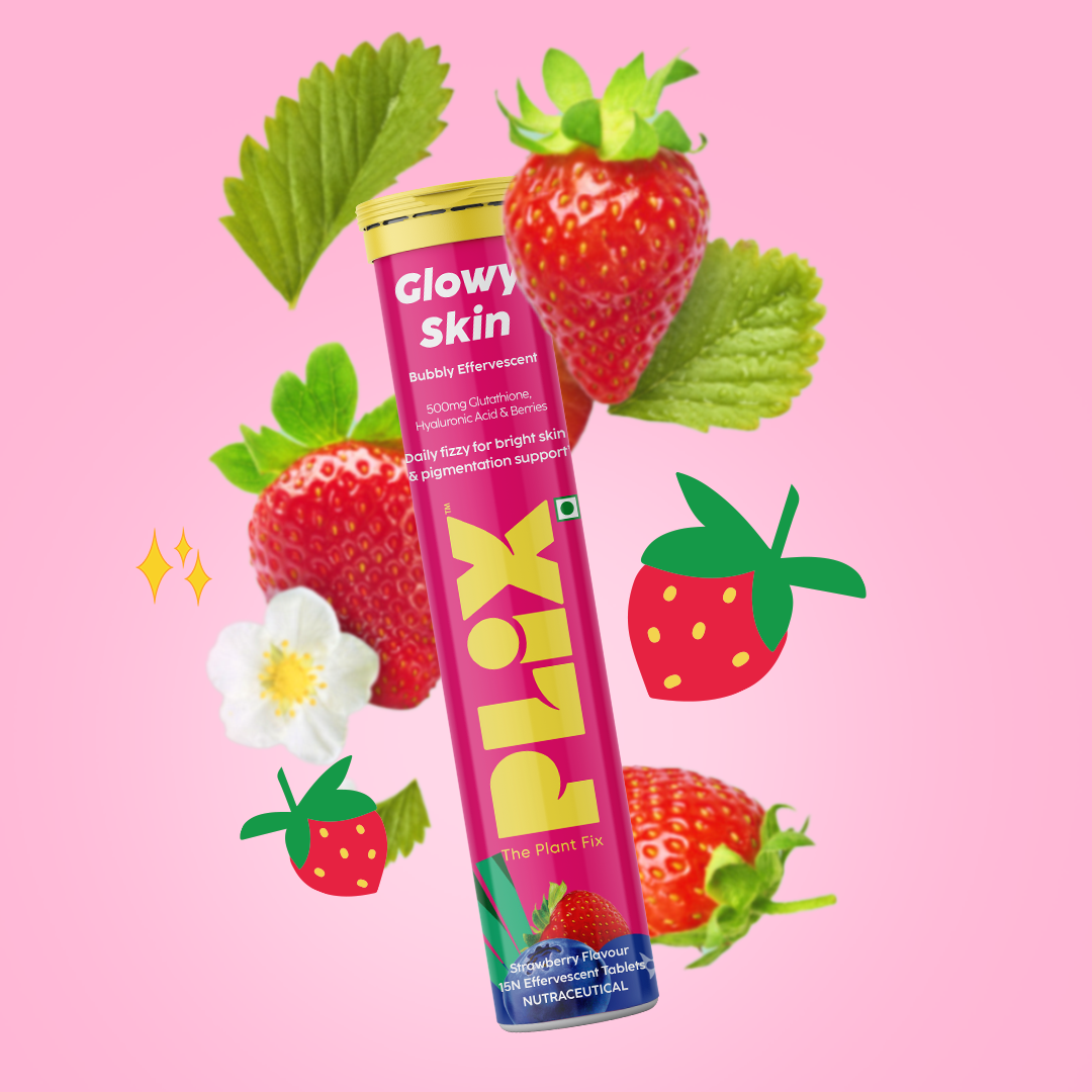 Plix Bubbly Strawberry Flavour Effervescent Tablets for Glowy Skin (L- Glutathione) - Buy at ₹474 Online | Instant Delivery