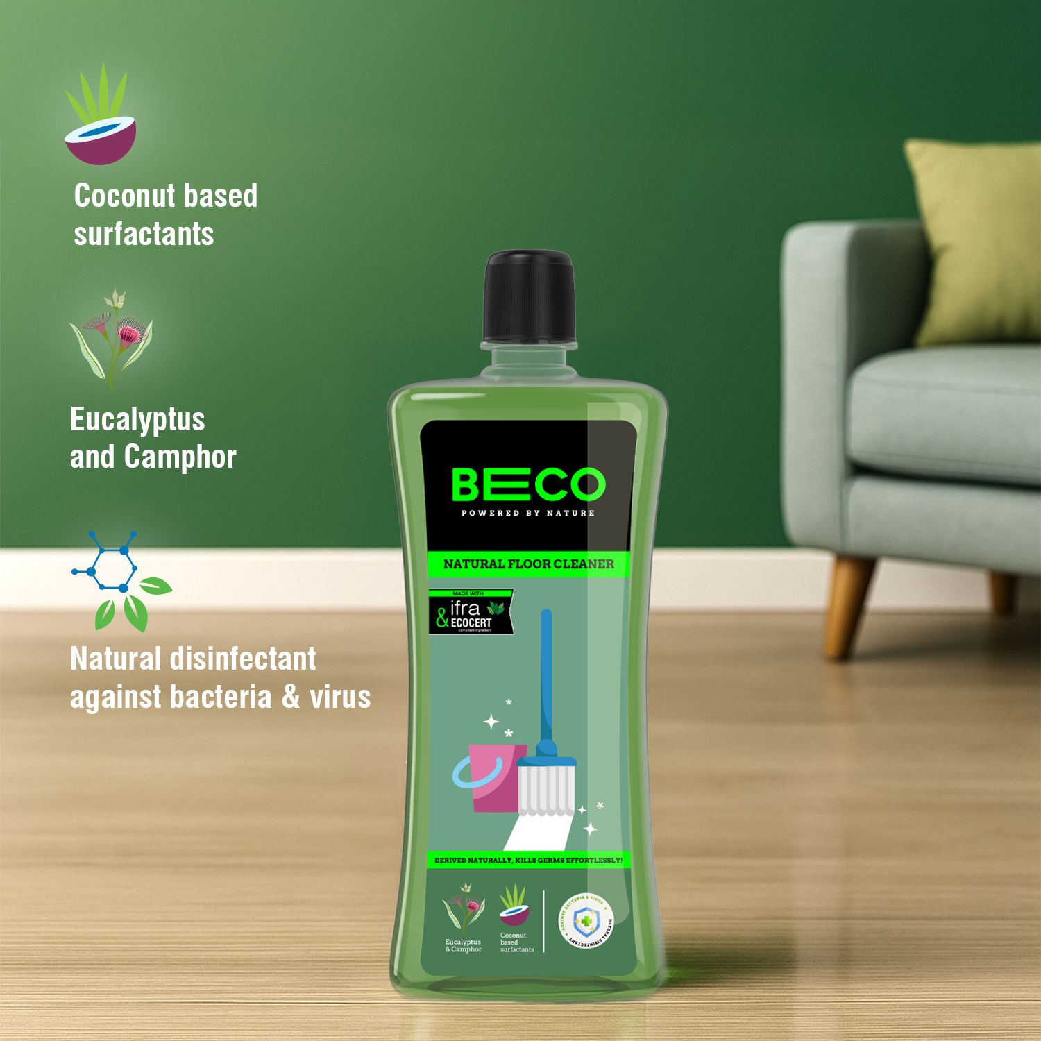 BECO Natural Floor Cleaner Eucalyptus 1L- Kills 100% Germs - Buy