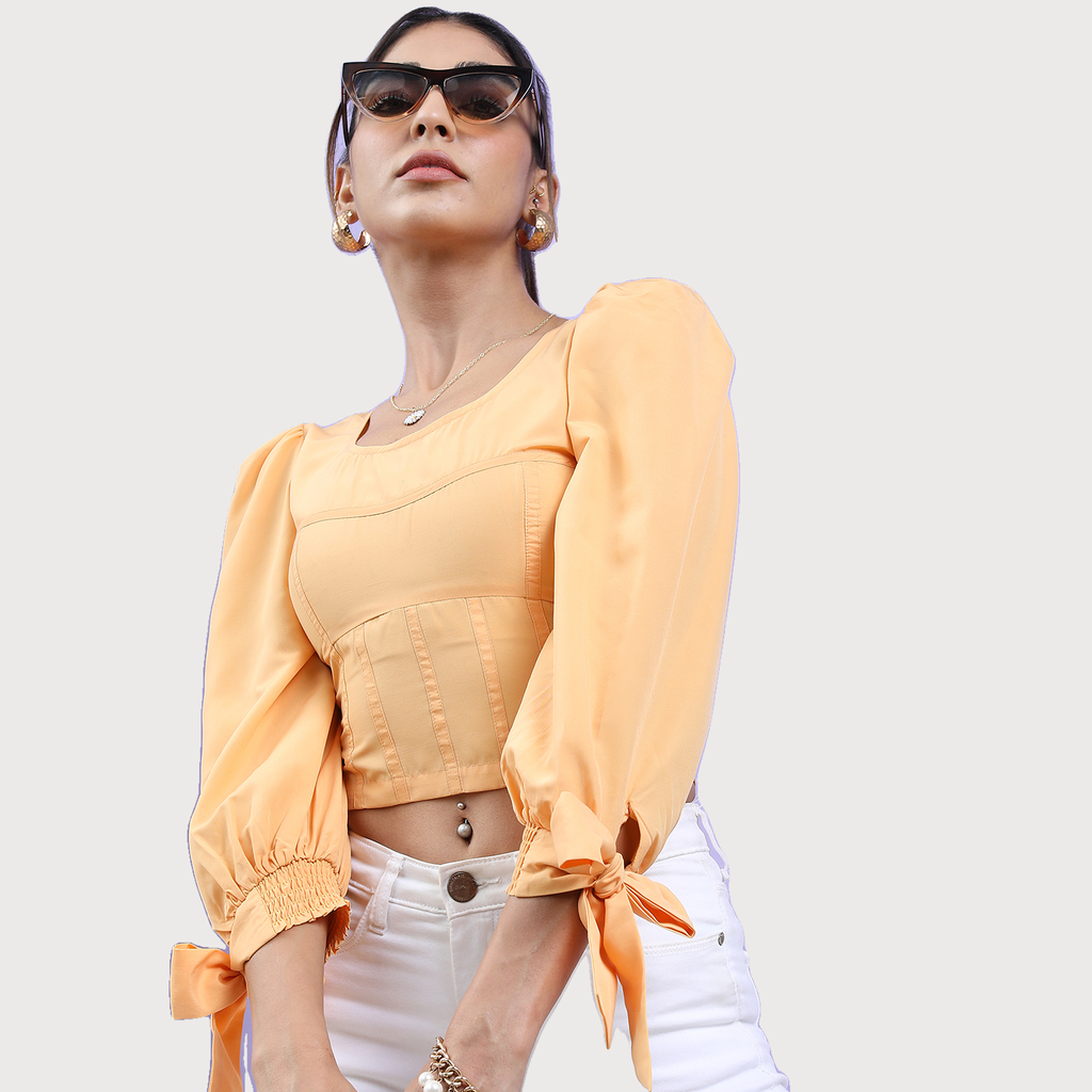 Tokyo Talkies Women's Tie-Up Puff Sleeves Fitted Crop Top - Buy at
