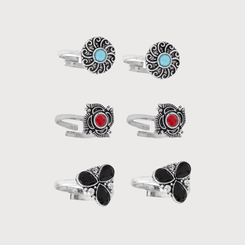Yellow Chimes Set Of 3 Silver-Plated Oxidised Toe Ring - Buy at