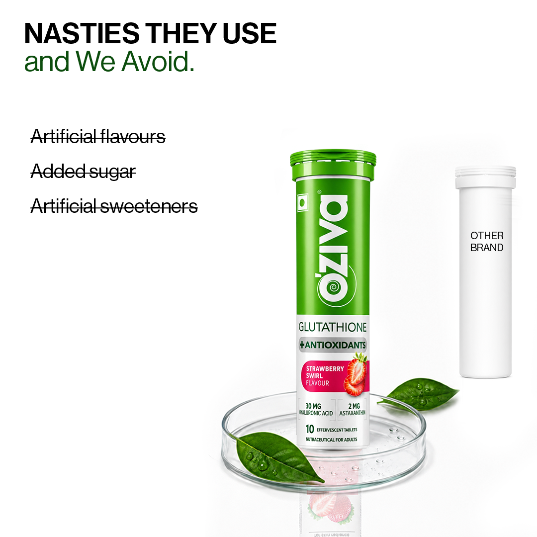 Oziva Bioactive Glutathione Vitamin C fizzy Tablets for Skin glow & Anti-Pigmentation - Strawberry - Buy at ₹549 Online | Instant Delivery