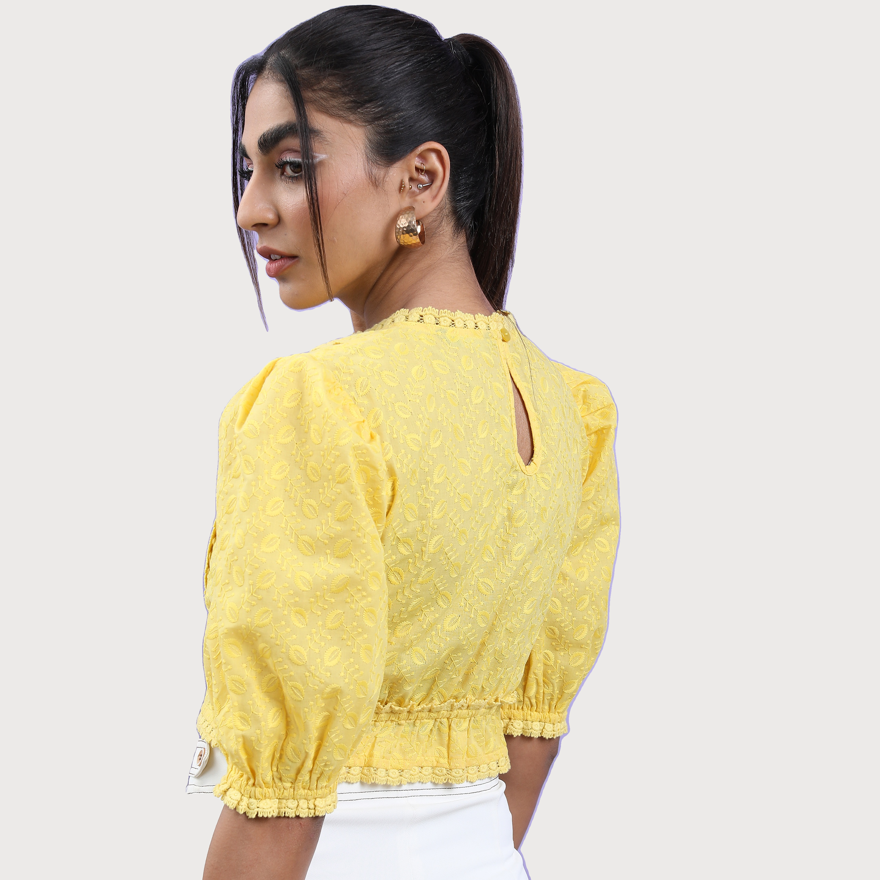 Tokyo Talkies Women's Floral Embroidered Puff Sleeves Crop Top