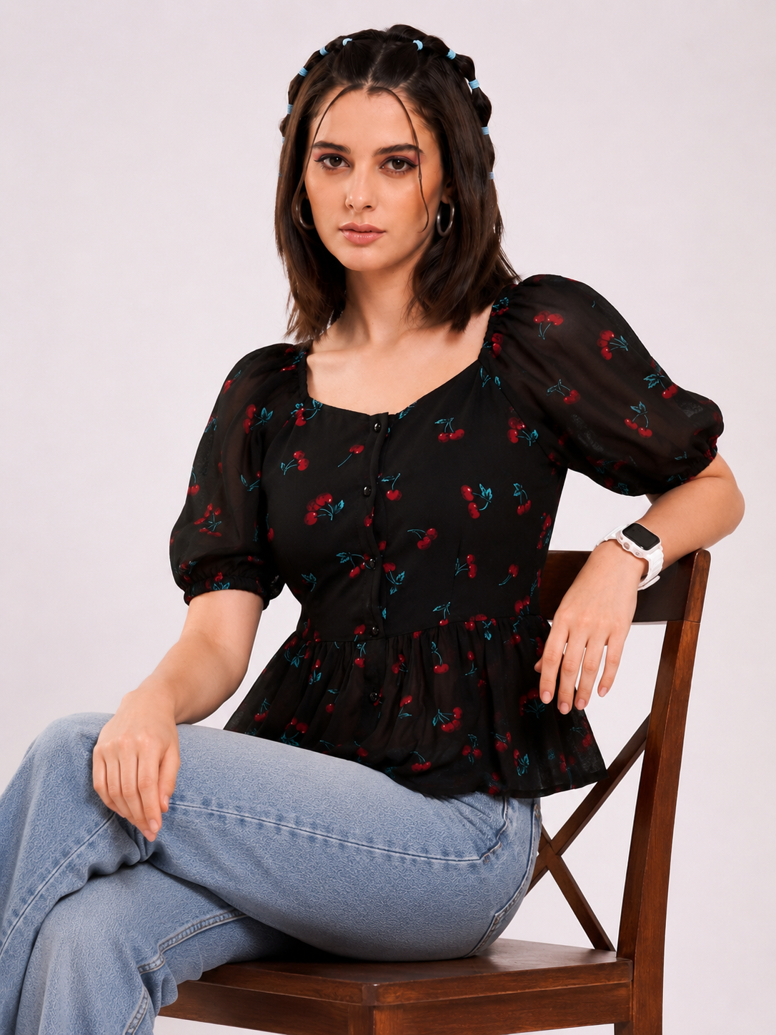 トップス gather flare organdy peplum tops Slenor Women's Cherry Print Georgette Sweetheart Neck Peplum Top
