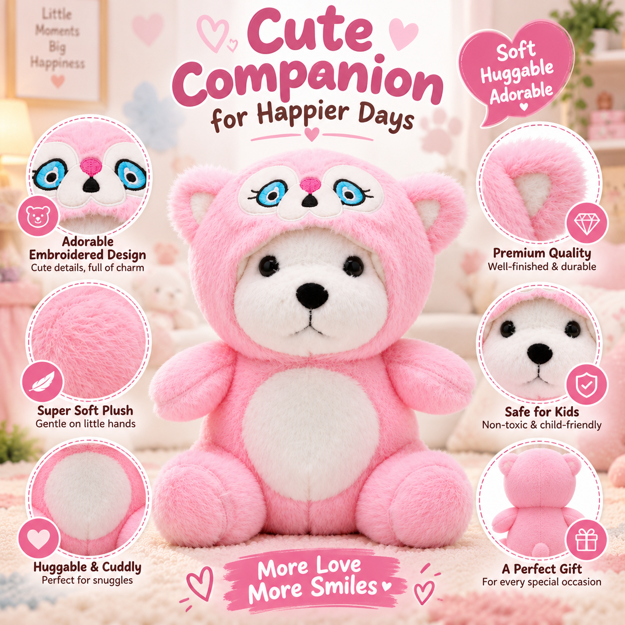 DearJoy Teddy Bear with a Hoodie Cap Pink 35 cm - Buy at ₹400