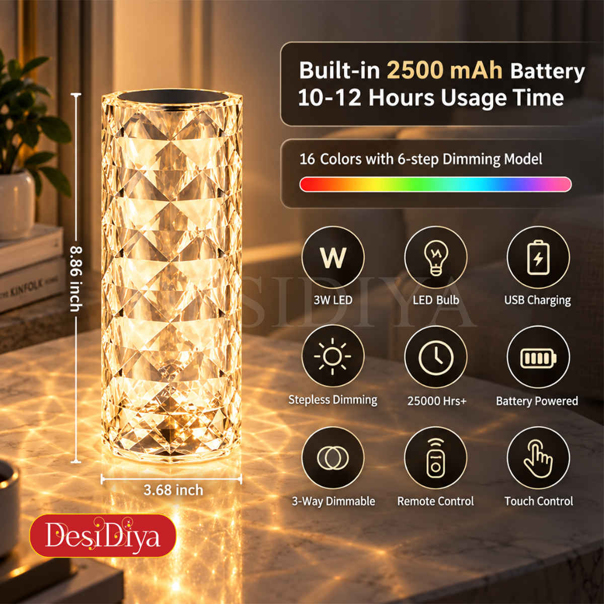DesiDiya Crystal Lamp,16 Color Changing Rose Diamond Table Lamp
